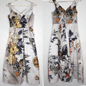 ASOS Antique Champagne Yellow Blue Floral Pleated A Line Midi Sleeveless Dress